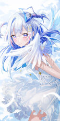 Rule 34 | 1girl, amane kanata, bare arms, bare shoulders, blue hair, closed mouth, cloud, commentary request, dress, feathered wings, frilled dress, frills, from side, grey hair, hair between eyes, hair intakes, hair ornament, hairclip, haruri, highres, hololive, long hair, looking at viewer, looking to the side, multicolored hair, red eyes, signature, sleeveless, sleeveless dress, smile, solo, two-tone hair, two side up, very long hair, virtual youtuber, white dress, white wings, wings, x hair ornament