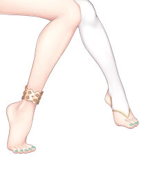 Rule 34 | 1girl, anklet, barefoot, ceres fauna, commentary, english commentary, feet, foot focus, green nails, highres, hikigaya 0926, hololive, hololive english, jewelry, knees together feet apart, legs, lower body, nail polish, no shoes, simple background, single thighhigh, solo, stirrup legwear, thighhighs, thighs, toeless legwear, toenail polish, toenails, toes, virtual youtuber, white background, white thighhighs
