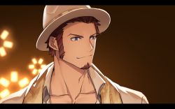 Rule 34 | 00047, 1boy, beard, blue eyes, brown hair, collarbone, face, facial hair, fate/grand order, fate (series), goatee, hat, light, light smile, long sideburns, looking to the side, male focus, napoleon bonaparte (fate), official alternate costume, open clothes, pectorals, scarf, sideburns, simple background, smile, solo