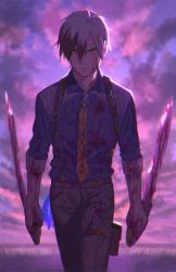 Rule 34 | 1boy, black hair, blood, blood on clothes, blood on face, bloody weapon, closed mouth, cloud, commentary request, dual wielding, highres, holding, holding weapon, looking at viewer, ludger will kresnik, male focus, meipu hm, multicolored hair, necktie, pants, shirt, sleeves rolled up, solo, suspenders, sword, tales of (series), tales of xillia, tales of xillia 2, thigh strap, two-tone hair, weapon, white hair