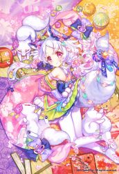 Rule 34 | 1girl, age of ishtaria, animal ears, bare shoulders, blue gloves, blush, cherry blossoms, closed mouth, copyright notice, detached sleeves, floral print, flower, fox, fox ears, fox tail, gloves, hair ornament, highres, japanese clothes, kimono, kuzunoha (age of ishtaria), looking at viewer, lying, munlu (wolupus), on side, pantyhose, pink kimono, purple eyes, purple hair, solo, tail, tail ornament, white pantyhose