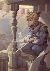 Rule 34 | 1boy, armor, balcony, bandaged arm, bandages, bodysuit, commentary request, earrings, fingerless gloves, full body, gloves, greaves, hair bun, holding, holding weapon, japanese armor, jewelry, jokerpang, link, male focus, muscular, nintendo, official alternate costume, pointy ears, reverse grip, scarf, sheikah, short sword, shoulder armor, single hair bun, skin tight, sode, solo, squatting, stealth set (zelda), sword, the legend of zelda, the legend of zelda: breath of the wild, tiptoes, weapon