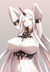 Rule 34 | 10s, 1girl, abyssal ship, armpits, arms up, blush, breasts, covered navel, detached sleeves, dress, glowing, glowing eyes, horns, kantai collection, large breasts, lintanghaseo, long hair, looking at viewer, pale skin, red eyes, ribbed dress, ribbed sweater, seaport princess, sideboob, single horn, solo, sweater, sweater dress, very long hair, white hair