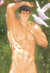 Rule 34 | 1boy, abs, animal, bara, bird, black hair, closed mouth, completely nude, day, dove, falling petals, food, fruit, highres, holding, holding food, holding fruit, male focus, mandarin orange, muscular, muscular male, nature, navel, nipples, nude, orange (fruit), original, out-of-frame censoring, outdoors, pectorals, petals, short hair, solo, tai (tai xwxy), white bird, yellow eyes