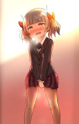 Rule 34 | 1girl, absurdres, backlighting, between legs, blunt bangs, blush, bow, breath, brown background, brown eyes, child, embarrassed, female focus, flat chest, hair bow, half-closed eyes, hand between legs, have to pee, highres, legs apart, looking at viewer, nose blush, open mouth, orange bow, original, own hands together, short hair, sidelocks, simple background, solo, standing, steam, steaming body, sweat, trembling, twintails, two-tone background, v arms, vanilla anmitsu, wavy mouth