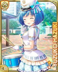 Rule 34 | 1girl, blue eyes, blue hair, bow, card, character name, closed eyes, day, drum, drumsticks, girlfriend (kari), hat, hazuki yuzuko, instrument, marching band, official art, open mouth, outdoors, qp:flapper, shirt, shoes, short hair, skirt, smile, solo, standing, striped, striped bow, tagme, thighhighs, white bow, white footwear, white hat, white shirt, white skirt