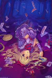 Rule 34 | 1girl, alice (alice in wonderland), alice in wonderland, arm warmers, bad id, bad pixiv id, blonde hair, bow, card, cheshire cat (alice in wonderland), cup, dress, floating card, hair bow, highres, long hair, lying, on back, playing card, pocket watch, purple eyes, qinni, saucer, short sleeves, solo, spill, striped clothes, striped thighhighs, tea, teacup, thighhighs, upside-down, watch
