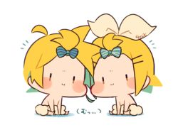 Rule 34 | 1boy, 1girl, :i, ahoge, bangs pinned back, barefoot, blonde hair, bloomers, blush stickers, bow, brother and sister, chibi, commentary request, full body, hair bow, hair ornament, hairclip, kagamine len, kagamine rin, kitsune no ko, looking at viewer, short hair, siblings, side-by-side, simple background, sitting, striped, striped bow, symmetrical pose, topless, topless male, twins, underwear, underwear only, vocaloid, white background, white bow