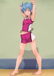 Rule 34 | 10s, 1girl, armpits, arms up, barefoot, blue eyes, blue hair, breasts, clenched teeth, eyelashes, feet, full body, highres, jersey, kyoudyu, legs, matching hair/eyes, navel, nishijima waon, precure, short hair, shorts, small breasts, smile, solo, sportswear, standing, suite precure, teeth, thighs, toes