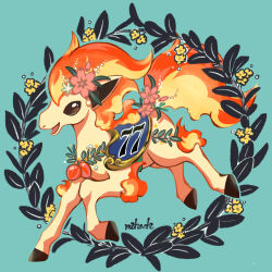 Rule 34 | animal focus, blue background, brown eyes, creatures (company), fiery hair, fiery tail, flower, game freak, gen 1 pokemon, hair flower, hair ornament, highres, hooves, horse, mi ho chi, nintendo, no humans, nostrils, occa berry, open mouth, pink flower, pokemon, pokemon (creature), ponyta, saddle, solo, tail, wreath, yellow flower