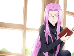 Rule 34 | 14 riatsu, 1girl, black sweater, blush, fate/grand order, fate/stay night, fate (series), glasses, highres, holding, long hair, looking at viewer, medusa (fate), medusa (rider) (fate), purple eyes, reading, smile, sweater, type-moon, window