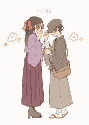 Rule 34 | 1boy, 1girl, bag, black hair, blush, bow, brown bag, brown eyes, brown hair, brown headwear, covering own mouth, dated, flower, giving, grey background, hair bow, hand on headwear, hat, hat over eyes, high heels, highres, long hair, long sleeves, nanase (nanataroo 7), open mouth, original, red bow, sandals, simple background, white flower, wide-eyed, wide sleeves