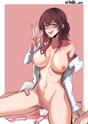 Rule 34 | 1girl, absurdres, arm up, bare shoulders, blush, border, braid, breasts, brown eyes, brown hair, collarbone, commission, condom, dogs (dlrkdejr26), facial mark, feet out of frame, female commander (girls&#039; frontline), french braid, girls&#039; frontline, hand on floor, highres, holding, holding condom, korean commentary, large breasts, long hair, long sleeves, looking at viewer, navel, nipples, on floor, open clothes, open mouth, open shirt, pussy juice, shirt, simple background, sitting, smile, solo, spread legs, steaming body, sweatdrop, teardrop, teeth, thighs, twitter username, upper teeth only, used condom, v, white border, white shirt