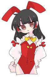 Rule 34 | 1girl, animal ears, ascot, black hair, bow, breasts, brown eyes, cleavage, detached collar, detached sleeves, frilled bow, frills, hair bow, hair tubes, hakurei reimu, hands on own hips, highres, leotard, long hair, op na yarou, playboy bunny, rabbit ears, red bow, red leotard, ribbon-trimmed sleeves, ribbon trim, sidelocks, simple background, small breasts, touhou, white background, wide sleeves, yellow ascot
