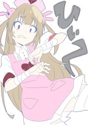 Rule 34 | 1girl, absurdres, apron, bad id, bad twitter id, cowboy shot, donguri suzume, dress, hair ornament, hat, heart, highres, light brown hair, long hair, looking at viewer, natori sana, nurse cap, pink apron, pink hat, puffy short sleeves, puffy sleeves, rabbit hair ornament, red eyes, sana channel, short sleeves, simple background, solo, sweatdrop, thighhighs, two side up, virtual youtuber, white background, white dress, white thighhighs, wide-eyed