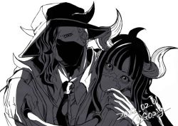 Rule 34 | arm over shoulder, brother and sister, go 21g, greyscale, hair over one eye, hat, horns, long hair, mask, monochrome, necktie, one piece, page one (one piece), siblings, signature, ulti (one piece)