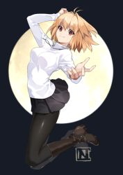 Rule 34 | 1girl, antenna hair, arcueid brunestud, black pantyhose, black skirt, blonde hair, boots, breasts, brown footwear, choco c14, closed mouth, commentary request, jewelry, long sleeves, looking at viewer, medium breasts, miniskirt, moon, necklace, outstretched hand, pantyhose, reaching, reaching towards viewer, red eyes, short hair, single hair intake, skirt, smile, solo, sweater, tsukihime, tsukihime (remake), turtleneck, turtleneck sweater, white sweater