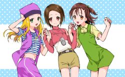 Rule 34 | 3girls, artist request, belt, belt buckle, blonde hair, blue background, blue shirt, blush, breasts, brown hair, buckle, camera, closed mouth, crossover, digimon, digimon adventure 02, digimon frontier, digimon tamers, digital camera, dress, elbow gloves, facing viewer, female focus, fingerless gloves, gloves, green dress, green eyes, hair ornament, hair tie, hairclip, hand on own head, hand up, hands up, happy, hat, holding, holding hands, jacket, katou juri, long hair, looking at viewer, midriff, multicolored background, multicolored clothes, multicolored shirt, multiple girls, navel, open mouth, orange eyes, orimoto izumi, pink shirt, purple skirt, purple vest, red eyes, shirt, short hair, short sleeves, shorts, side ponytail, skirt, sleeveless, sleeveless shirt, small breasts, smile, spots, standing, striped clothes, striped shirt, t-shirt, tongue, vest, white background, white shirt, yagami hikari