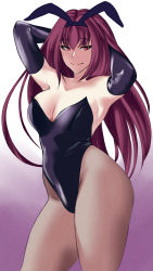 Rule 34 | 1990s (style), 1girl, animal ears, armpits, arms behind head, bare shoulders, breasts, cleavage, closed mouth, closer fy, collarbone, fake animal ears, fate (series), highres, large breasts, leotard, long hair, looking at viewer, matching hair/eyes, playboy bunny, purple hair, red eyes, red hair, retro artstyle, scathach (fate), smile, solo, standing, thighs