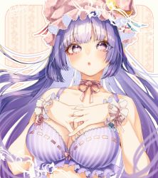 Rule 34 | 1girl, :o, blunt bangs, bra, breasts, cleavage, crescent, crescent hair ornament, eyelashes, hair ornament, hat, interlocked fingers, large breasts, long hair, looking at viewer, mob cap, mokokiyo (asaddr), nail polish, neck ribbon, patchouli knowledge, purple bra, purple eyes, purple hair, ribbon, ribbon-trimmed bra, ribbon trim, solo, striped bra, striped clothes, touhou, underwear, upper body, very long hair, wrist cuffs