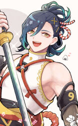 Rule 34 | 1boy, bare shoulders, blue hair, detached sleeves, fire emblem, fire emblem engage, hair ornament, highres, holding, holding sword, holding weapon, japanese clothes, kagetsu (fire emblem), kuhaha, male focus, medium hair, nintendo, smile, solo, sword, teeth, upper teeth only, weapon, yellow eyes