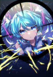 Rule 34 | 1girl, blue eyes, blue hair, collared shirt, crosshair, crying, detached sleeves, electricity, floating hair, frilled shirt, frills, frown, hatsune miku, headset, hibana (vocaloid), highres, looking at viewer, necktie, parted lips, shirt, sleeveless, sleeveless shirt, solo, soramame pikuto, tears, twintails, vocaloid