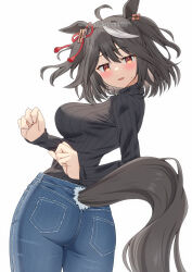 Rule 34 | 1girl, absurdres, ahoge, alternate costume, animal ears, ass, black hair, black sweater, blue pants, blush, commentary request, cowboy shot, denim, double-parted bangs, from behind, hair between eyes, highres, horse ears, horse girl, horse tail, jeans, kitasan black (umamusume), long sleeves, looking at viewer, looking back, multicolored hair, open mouth, pants, red eyes, ribbed sweater, short hair, simple background, solo, streaked hair, sweater, tail, two-tone hair, umamusume, white background, white hair, yamano rokamizu