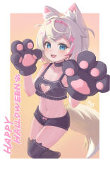 Rule 34 | 1girl, :3, absurdres, alternate costume, animal ear fluff, animal ears, animal hands, bandaid, bandaid hair ornament, bare shoulders, black choker, black shorts, black thighhighs, blonde hair, blue eyes, blush, border, cat lingerie, choker, cleavage cutout, clothing cutout, collarbone, commentary, cropped legs, crossed bangs, dog ears, dog girl, dog tail, double-parted bangs, fang, fpvjoe, gloves, hair between eyes, hair intakes, hair ornament, hairband, halloween costume, hands up, happy halloween, heart cutout, highres, hololive, hololive english, horn hairband, looking at viewer, meme attire, midriff, mococo abyssgard, multicolored hair, navel, open mouth, orange background, outside border, paw gloves, paw pose, pink hair, pink hairband, short hair, shorts, skin fang, smile, solo, tail, thighhighs, thighs, two-tone hair, two side up, virtual youtuber, white border, x hair ornament