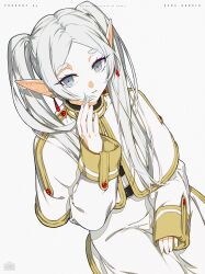Rule 34 | 1girl, absurdres, capelet, commentary, dnpqxnsdtd, earrings, elf, fingernails, frieren, grey background, grey eyes, grey hair, highres, jewelry, long hair, long sleeves, looking at viewer, pointy ears, simple background, sitting, solo, sousou no frieren, twintails, white capelet
