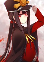 Rule 34 | &gt;:), 1boy, absurdres, brown cape, brown hair, cape, fate/grand order, fate (series), hair ribbon, hat, highres, jacket, long sleeves, looking at viewer, male focus, military hat, nanakaku, oda nobukatsu (fate), pink background, ponytail, red eyes, red jacket, red ribbon, ribbon, smile, solo