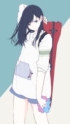 Rule 34 | 1girl, arm behind head, arm up, asai umi, black hair, blue eyes, commentary request, earbuds, earphones, earphones removed, highres, instrument case, long hair, original, unworn scrunchie, shorts, sleeves pushed up, smile, solo, sweater