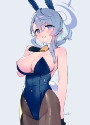 Rule 34 | 1girl, ako (blue archive), animal ears, bare shoulders, bell, black gloves, blue archive, blue eyes, blue hair, blue leotard, blush, breasts, brown pantyhose, cleavage, covered navel, detached collar, fake animal ears, fake tail, gloves, grey background, halo, hand on own chest, highleg, highleg leotard, highres, large breasts, leotard, long hair, looking at viewer, neck bell, pantyhose, parted lips, playboy bunny, rabbit ears, rabbit tail, revision, sidelocks, simple background, solo, strapless, strapless leotard, tail, v-shaped eyebrows, zenshin