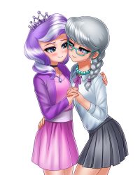 Rule 34 | 2girls, absurdres, blush, child, clothes, diamond tiara, ear piercing, highres, jewelry, multiple girls, my little pony, my little pony: friendship is magic, necklace, pearl necklace, piercing, racoon-kun, silver spoon, simple background, skirt, smile, third-party edit, white background