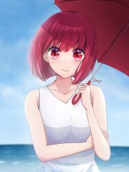 Rule 34 | 1girl, arima kana, artist name, blue sky, bob cut, closed mouth, commentary, day, dress, english commentary, gaerp4, highres, holding, holding umbrella, inverted bob, light smile, looking at viewer, ocean, oshi no ko, outdoors, red eyes, red hair, red umbrella, short hair, sky, solo, straight-on, umbrella, white dress
