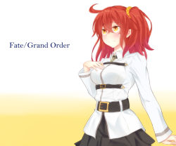Rule 34 | 1girl, ahoge, belt, blush, copyright name, fate/grand order, fate (series), fujimaru ritsuka (female), gradient background, hand on own chest, mitsurui, red hair, scrunchie, side ponytail, solo, yellow eyes