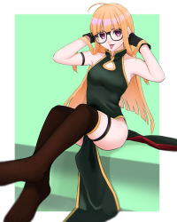 Rule 34 | 1girl, absurdres, ahoge, bad id, bad pixiv id, black-framed eyewear, black gloves, black thighhighs, blonde hair, breasts, china dress, chinese clothes, cleavage, cleavage cutout, clothing cutout, dress, floating hair, glasses, gloves, green background, green dress, highres, long hair, looking at viewer, outside border, persona, persona 5, purple eyes, reneph, sakura futaba, side slit, sitting, sleeveless, sleeveless dress, small breasts, solo, straight hair, thigh strap, thighhighs, tongue, tongue out, very long hair