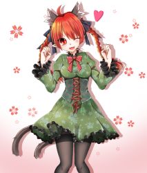 Rule 34 | 1girl, ;d, abe suke, ahoge, animal ears, black pantyhose, blush, bow, bowtie, braid, breasts, cat ears, cat tail, commentary request, dress, fang, floral print, gradient background, green dress, heart, juliet sleeves, kaenbyou rin, long sleeves, looking at viewer, medium breasts, multicolored background, multiple tails, one eye closed, open mouth, pantyhose, pointy ears, puffy sleeves, red bow, red bowtie, red eyes, red hair, shadow, slit pupils, smile, solo, tail, thighband pantyhose, touhou, twin braids, two-tone background, two tails, v-shaped eyebrows