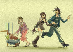 Rule 34 | 1990s (style), 2boys, 2girls, aerith gainsborough, black hair, blonde hair, boots, bow, brown hair, cloud strife, couple, cross, depressed, detached sleeves, dress, final fantasy, final fantasy vii, jacket, jewelry, junk garden, multiple boys, multiple girls, necklace, pointing, retro artstyle, shoes, simple background, smile, sunglasses, switch, tifa lockhart, walking, zack fair