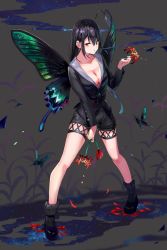 Rule 34 | 1girl, absurdres, antennae, black footwear, black hair, black jacket, black shorts, black socks, breasts, bug, butterfly, butterfly wings, cleavage, collarbone, flower, full body, green wings, grey background, hair between eyes, highres, holding, holding flower, insect, insect wings, jacket, legs apart, long hair, long sleeves, looking at viewer, maeshimashi, medium breasts, mole, mole on breast, no bra, orange eyes, original, red flower, short shorts, shorts, simple background, socks, solo, standing, thigh strap, wings