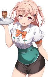Rule 34 | 1girl, absurdres, apron, aqua apron, arm at side, bang dream!, black skirt, blush, bow, bowtie, breasts, buttons, cat hair ornament, collared shirt, commentary request, contrapposto, cowboy shot, cup, drink, drinking glass, hair ornament, hairclip, hand up, highres, hiromachi nanami, holding, holding tray, ice, ice cube, long hair, looking at viewer, medium breasts, miniskirt, name tag, noshimurin, open mouth, orange bow, orange bowtie, pink eyes, pink hair, puffy short sleeves, puffy sleeves, shirt, short sleeves, simple background, skirt, smile, solo, standing, teeth, tray, two side up, upper teeth only, waist apron, waitress, white background, white shirt
