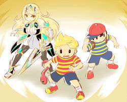 Rule 34 | 1girl, 2boys, blonde hair, breasts, full body, hat, lucas (mother 3), mother (game), mother 2, mother 3, multiple boys, mythra (massive melee) (xenoblade), mythra (xenoblade), ness (mother 2), nintendo, pantyhose, serious, shorts, skirt, snake, standing, super smash bros., sword, tiara, weapon, xenoblade chronicles (series), xenoblade chronicles 2, yellow eyes