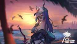 Rule 34 | 1girl, absurdres, arknights, bare shoulders, baseball cap, bikini, bird, blue bikini, blue hair, breasts, ch&#039;en (arknights), ch&#039;en the holungday (arknights), character name, chi xiao (arknights), chinese commentary, commentary request, db1s, dragon horns, great lungmen logo, hat, highres, horns, horns through headwear, large breasts, long hair, long sleeves, looking at viewer, nail polish, off shoulder, outdoors, parted lips, partial commentary, red eyes, red nails, solo, sunglasses, swimsuit, sword, upper body, weapon, white hat