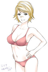 Rule 34 | 1girl, armpits, bandaid, bandaid on face, bandaid on nose, barefoot, blonde hair, bra, breasts, brown eyes, cleavage, clover (shoukan shounen champion manga), grin, hands on own hips, md5 mismatch, navel, panties, red bra, red panties, resolution mismatch, sanada erina, short hair, simple background, smile, solo, source larger, st.germain-sal, underwear, underwear only