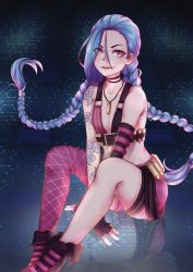 Rule 34 | 1girl, absurdres, arm tattoo, belt, blue hair, boots, braid, bullet, female focus, gloves, highres, jewelry, jinx (league of legends), league of legends, long hair, necklace, pink eyes, pink thighhighs, reflection, shorts, single thighhigh, sitting, solo, tattoo, thighhighs, twin braids, very long hair