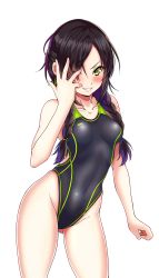 Rule 34 | 1girl, absurdres, aiuti, black hair, black one-piece swimsuit, braid, breasts, collarbone, commentary request, competition swimsuit, covered navel, cowboy shot, girls&#039; frontline, gluteal fold, green eyes, hand over eye, highleg, highleg swimsuit, highres, long hair, looking at viewer, low twintails, mac-10 (girls&#039; frontline), one-piece swimsuit, parted lips, small breasts, solo, standing, swept bangs, swimsuit, twin braids, twintails