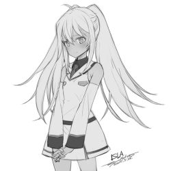 Rule 34 | 10s, 1girl, bad id, bad twitter id, blush, character name, cowboy shot, dated, detached sleeves, employee uniform, greyscale, inactive account, isla (plastic memories), long hair, monochrome, ooyari ashito, plastic memories, signature, sketch, skirt, solo, twintails, uniform