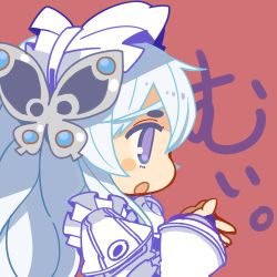 Rule 34 | 1girl, blush stickers, butterfly hair ornament, chaika trabant, chibi, dress, hair ornament, hairband, hitsugi no chaika, long hair, lowres, mota, open mouth, puffy sleeves, purple eyes, simple background, solo, white hair