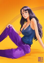 Rule 34 | 1girl, absurdres, aliasartworks, black hair, blue camisole, blue eyes, camisole, commentary, english commentary, eyelashes, highres, light smile, long hair, looking at viewer, nico robin, one piece, orange background, pants, pink lips, purple pants, simple background, sitting, solo