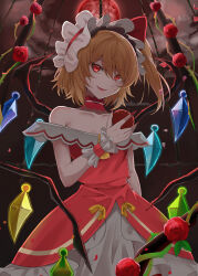 Rule 34 | 1girl, adapted costume, alternate costume, apple, bare shoulders, birdcage, blonde hair, cage, choker, collarbone, commentary request, cowboy shot, crystal, dress, eyelashes, fangs, fingernails, flandre scarlet, flower, food, frilled cuffs, frilled hairband, frills, fruit, full moon, hair between eyes, hairband, highres, holding, holding food, holding fruit, kuro wa shinoru, long fingernails, looking at viewer, moon, night, open mouth, outdoors, plant, red apple, red choker, red dress, red eyes, red flower, red hairband, red moon, red nails, red rose, rose, sharp fingernails, short hair, side ponytail, slit pupils, smile, solo, standing, thorns, touhou, touhou gensou eclipse, tsurime, vines, white hairband, wings