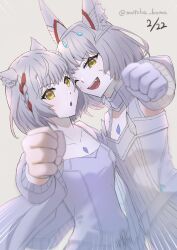 Rule 34 | 2girls, animal ears, asymmetrical docking, braid, breast press, cat day, cat ears, chest jewel, clenched hand, ear covers, facial mark, fangs, gloves, grey hair, highres, mio (xenoblade), multiple girls, nia (xenoblade), open mouth, shoulder strap, single braid, smile, upper body, whisker markings, xenoblade chronicles (series), xenoblade chronicles 3, yanagimachi, yellow eyes